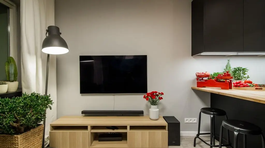 Niska szafka i telewizor stanęły naprzeciwko kanapy.